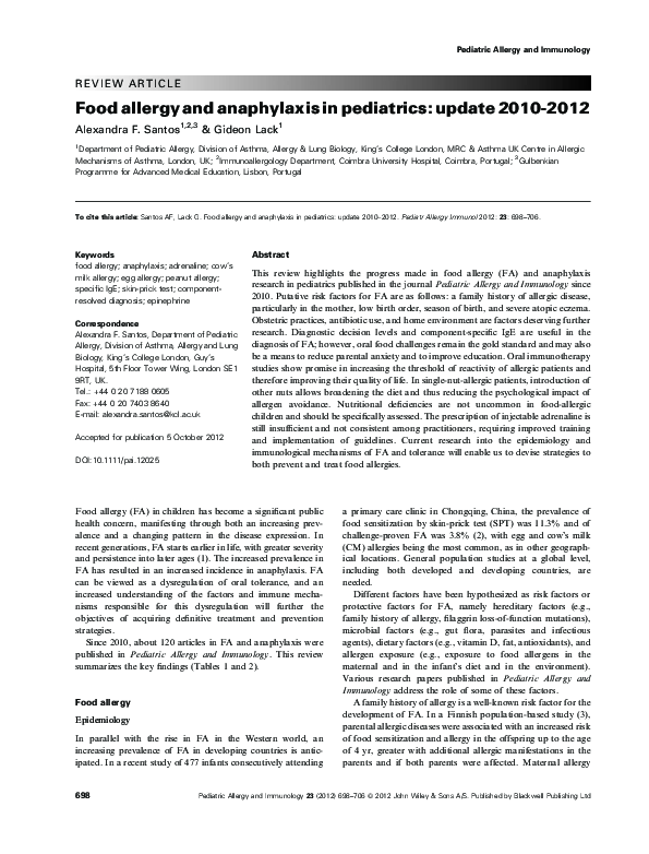 (PDF) Food allergy and anaphylaxis in pediatrics: update 2010-2012