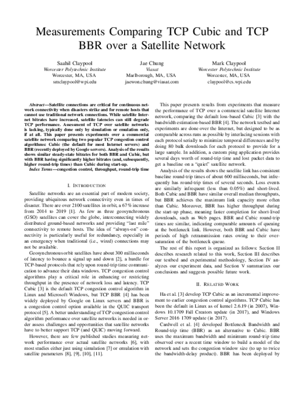 Measurements Comparing TCP Cubic and TCP BBR over a Satellite Network