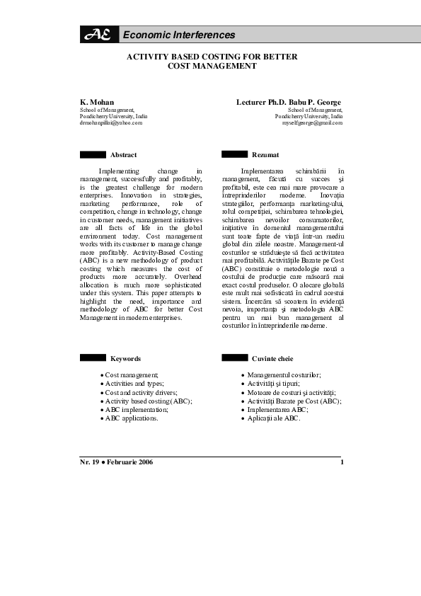 (PDF) Activity based costing for better cost management