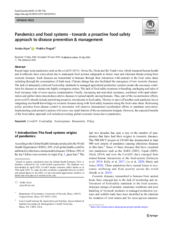 (PDF) Pandemics and food systems - towards a proactive food safety ...