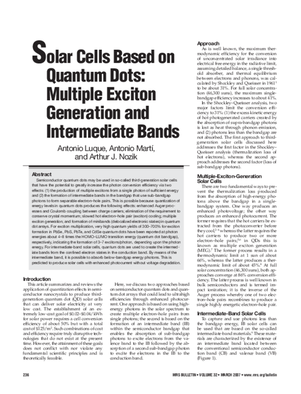 (PDF) Solar Cells Based on Quantum Dots: Multiple Exciton Generation ...