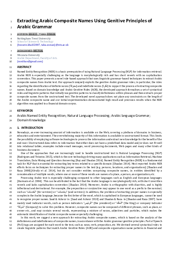 (PDF) Extracting Arabic Composite Names Using Genitive Principles of ...