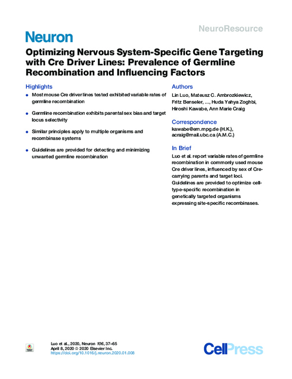 (PDF) Optimizing Nervous System-Specific Gene Targeting with Cre Driver ...