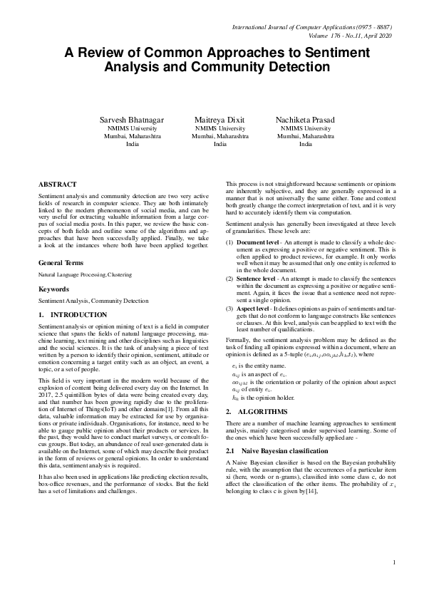 (PDF) A Review of Common Approaches to Sentiment Analysis and Community ...