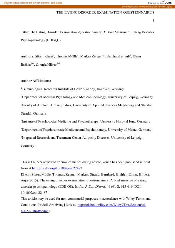 (PDF) The eating disorder examination-questionnaire 8: A brief measure ...