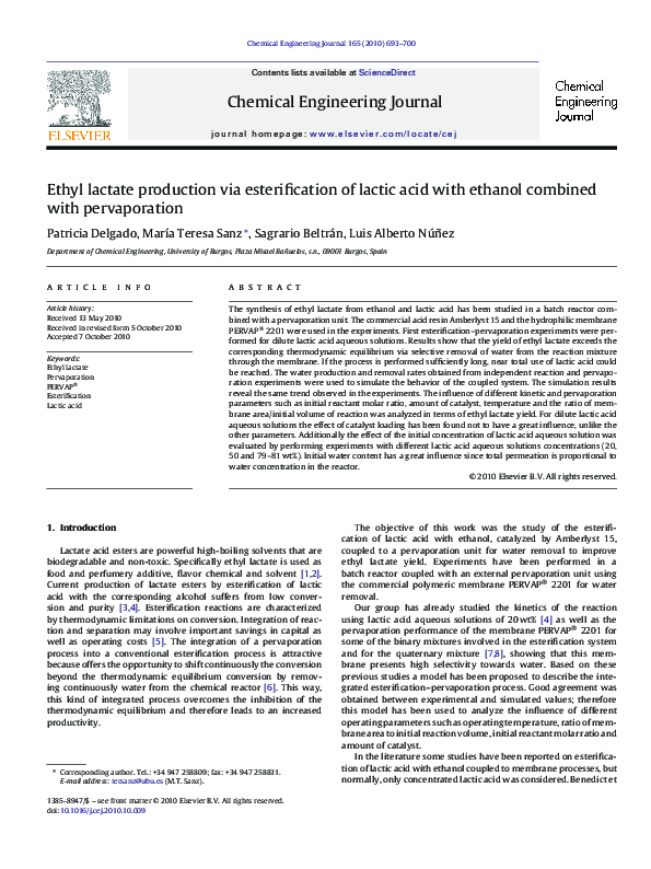 (PDF) Ethyl lactate production via esterification of lactic acid with ...