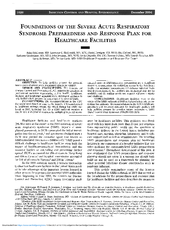 (PDF) Foundations of the Severe Acute Respiratory Syndrome Preparedness ...