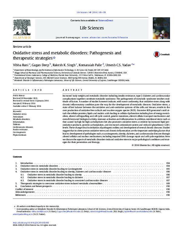 (PDF) Oxidative stress and metabolic disorders: Pathogenesis and ...