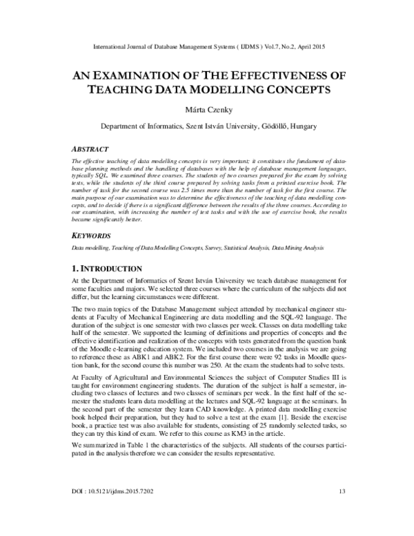  pdf an examination of the effectiveness of teaching data modelling