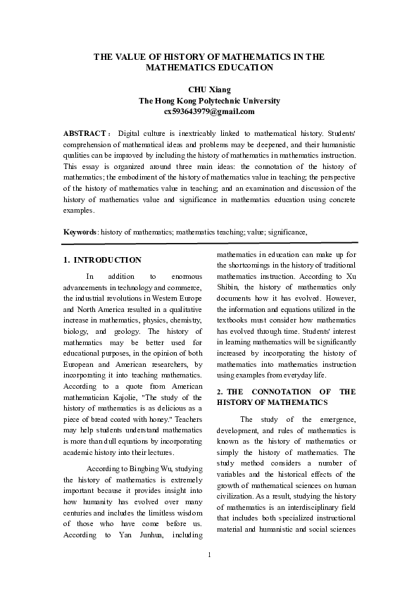 (PDF) THE VALUE OF HISTORY OF MATHEMATICS IN THE MATHEMATICS EDUCATION