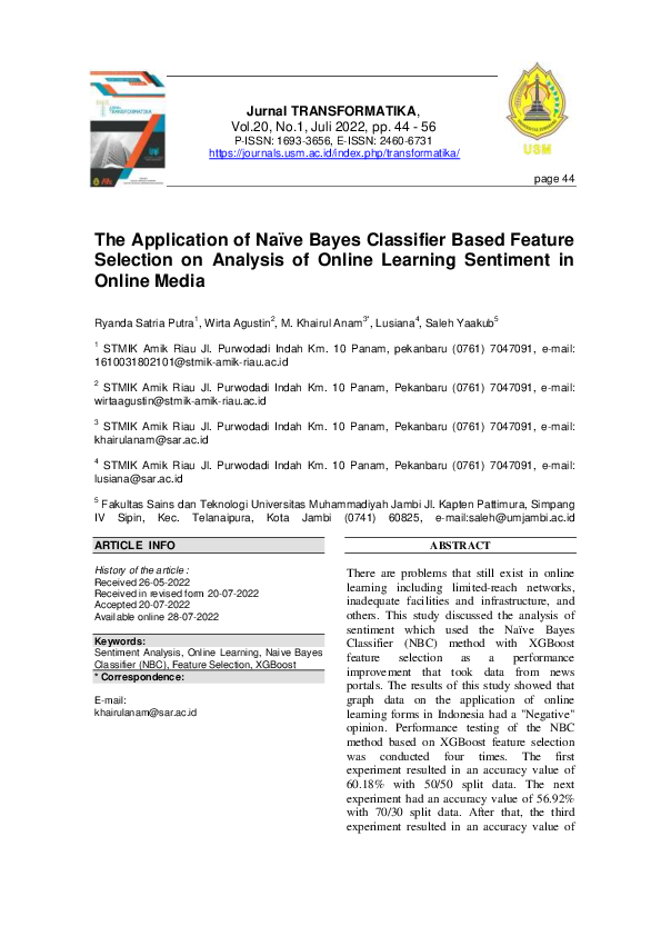 (PDF) The Application of Naïve Bayes Classifier Based Feature Selection ...