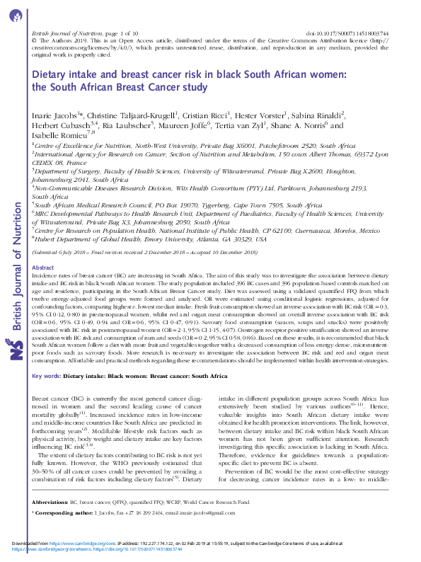 (PDF) Dietary intake and breast cancer risk in black South African ...