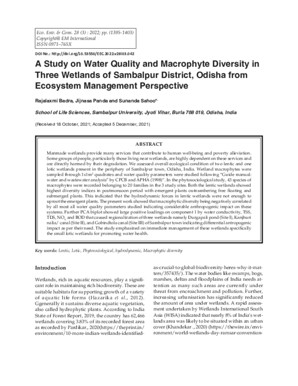 (PDF) A Study on Water Quality and Macrophyte Diversity in Three ...