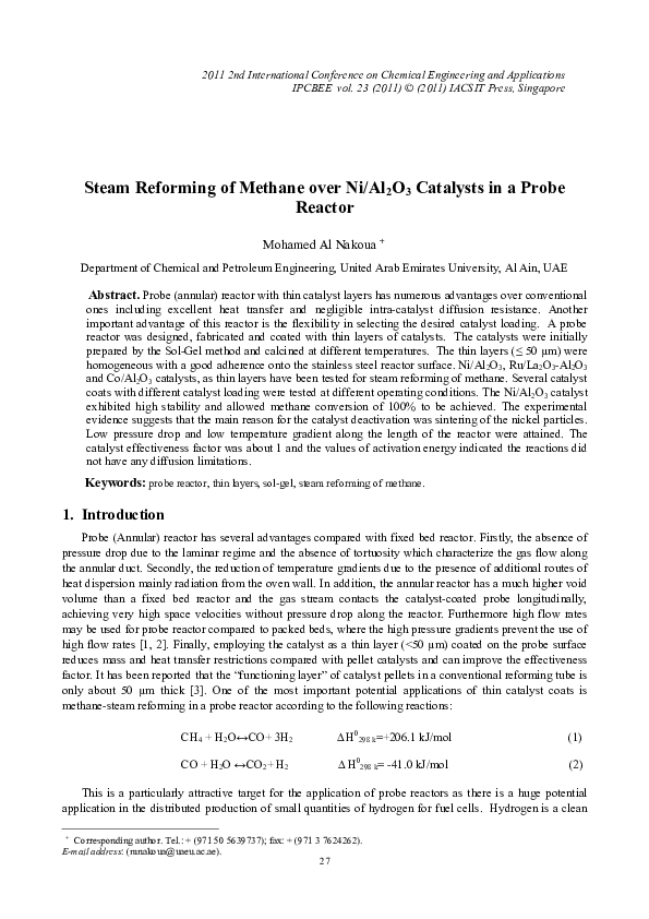 (PDF) Steam Reforming of Methane over Ni / Al 2 O 3 Catalysts in a ...