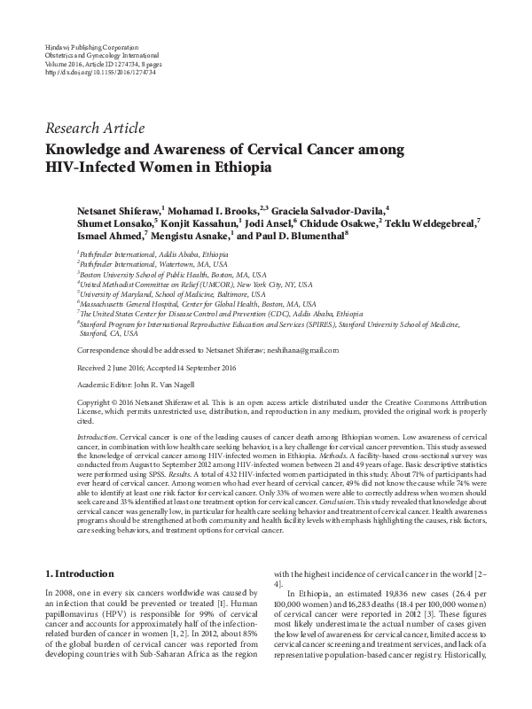 (PDF) Knowledge and Awareness of Cervical Cancer among HIV-Infected ...