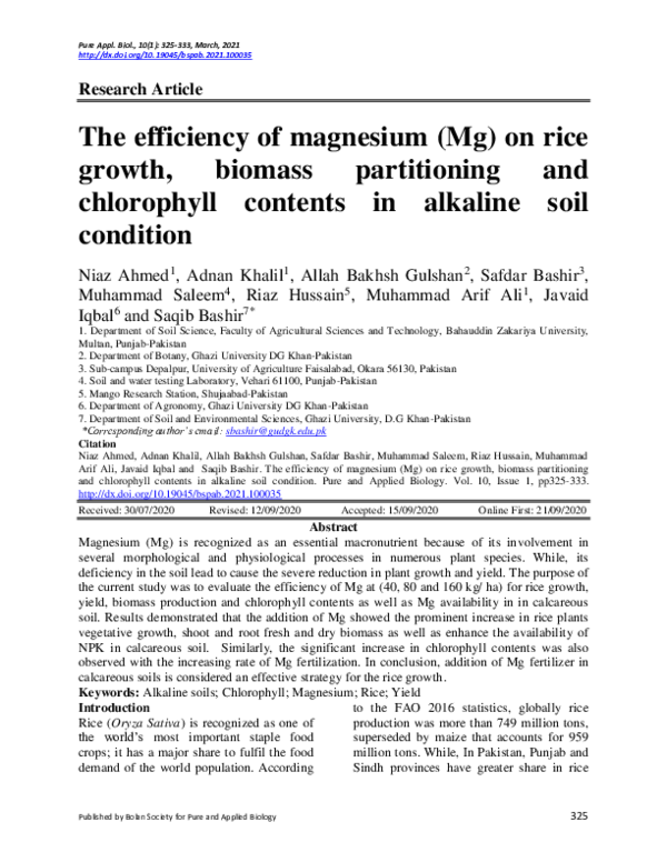 (PDF) The efficiency of magnesium (Mg) on rice growth, biomass ...