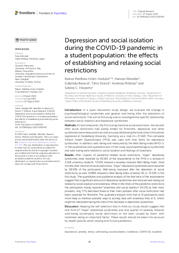 (PDF) Depression and social isolation during the COVID-19 pandemic in a ...