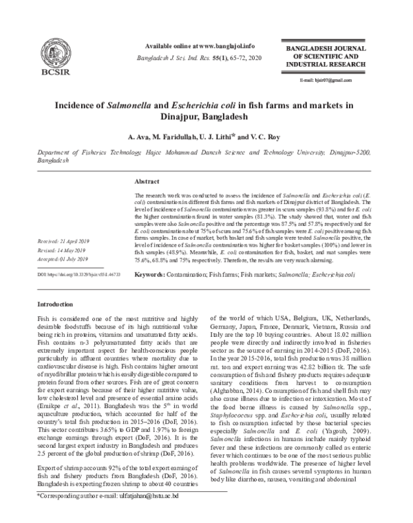 (PDF) Incidence of Salmonella and Escherichia coli in fish farms and ...