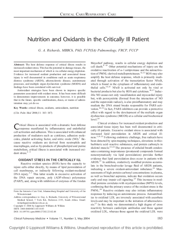 (PDF) Nutrition and Oxidants in the Critically Ill Patient