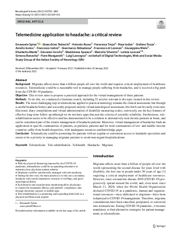 (PDF) Telemedicine application to headache: a critical review