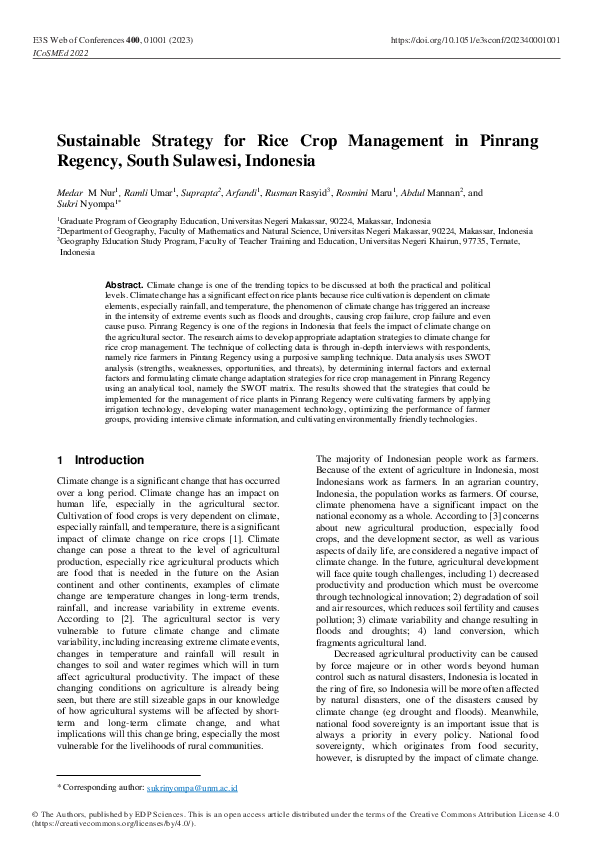 (PDF) Sustainable Strategy for Rice Crop Management in Pinrang Regency ...