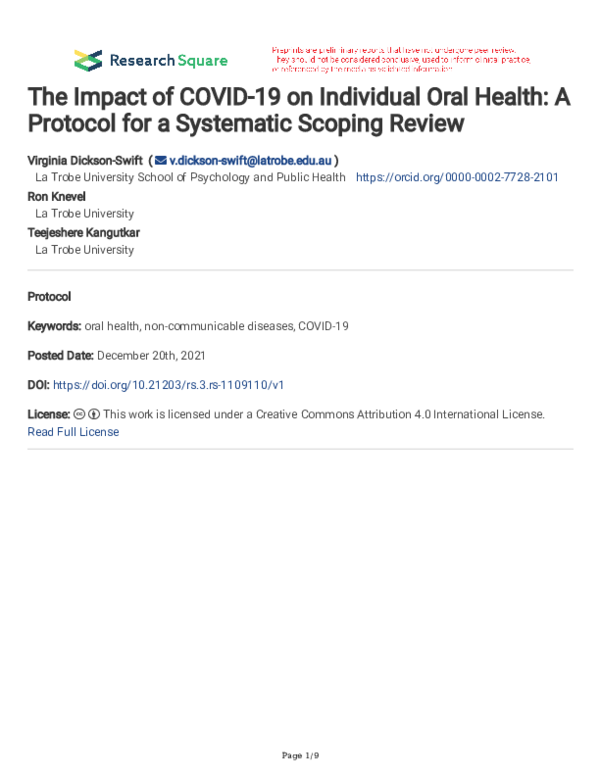 (PDF) The Impact of COVID-19 on Individual Oral Health: A Protocol for ...