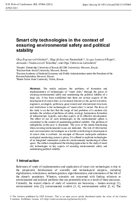(PDF) Smart city technologies in the context of ensuring environmental ...