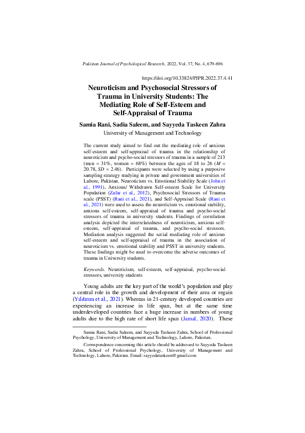 (PDF) Neuroticism and Psychosocial Stressors of Trauma in University ...