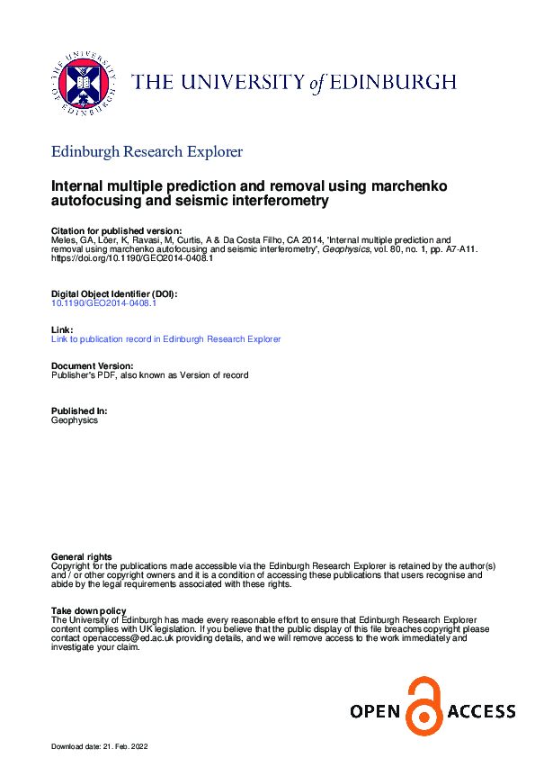 (PDF) Internal multiple prediction and removal using Marchenko ...