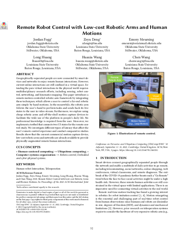 (PDF) Remote Robot Control with Low-cost Robotic Arms and Human Motions