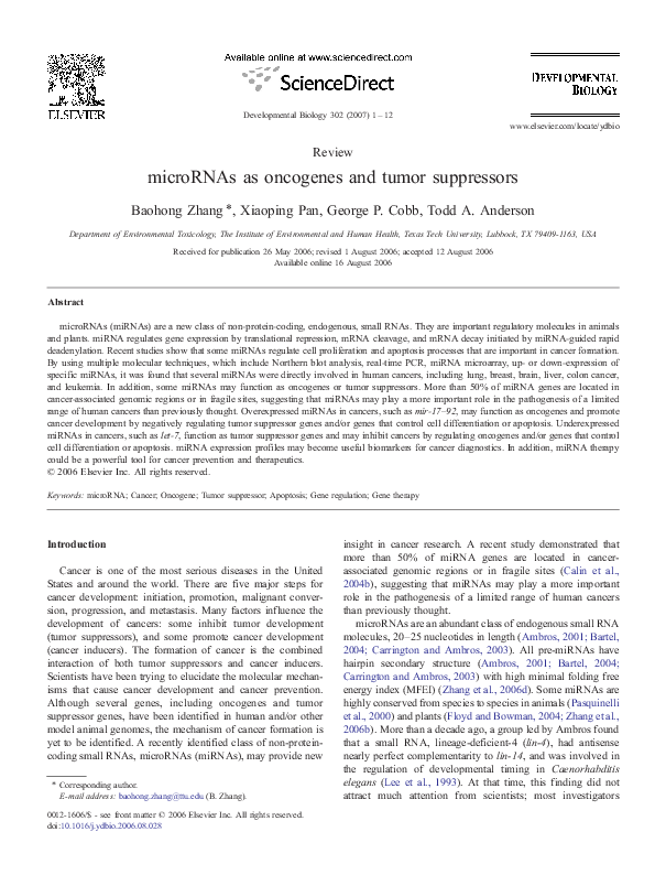 (PDF) microRNAs as oncogenes and tumor suppressors