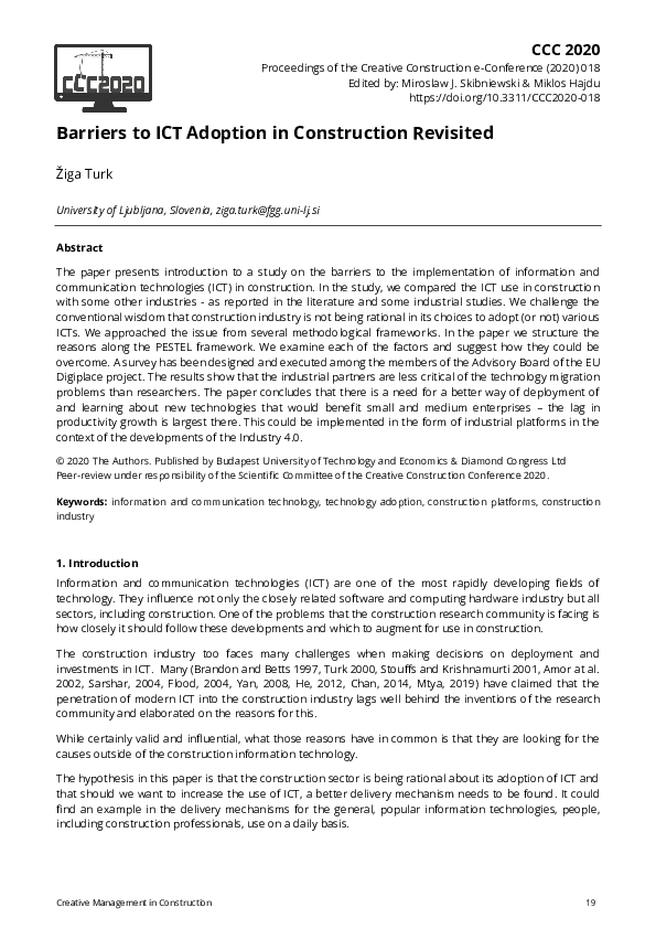 (PDF) Barriers to ICT Adoption in Construction Revisited