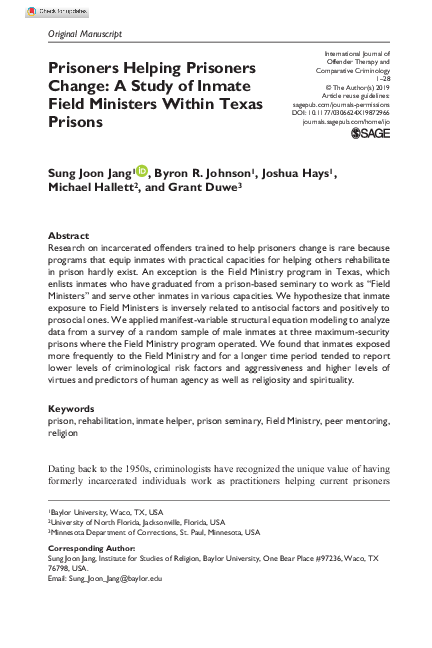 (PDF) Prisoners Helping Prisoners Change: A Study of Inmate Field ...