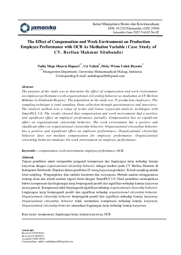 (PDF) The Effect of Compensation and Work Environment on Production ...