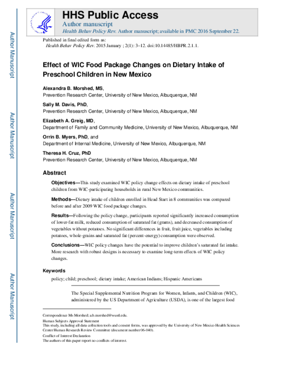 (PDF) Effect of WIC Food Package Changes on Dietary Intake of Preschool ...