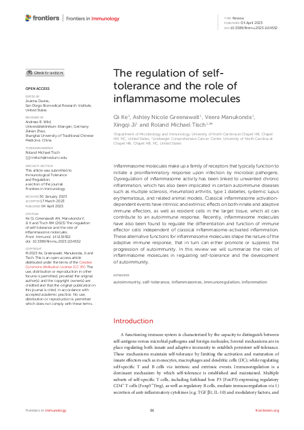 (PDF) The regulation of self-tolerance and the role of inflammasome ...
