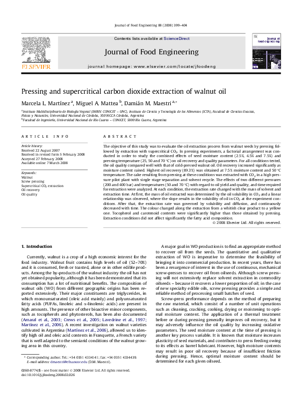 (PDF) Pressing and supercritical carbon dioxide extraction of walnut oil