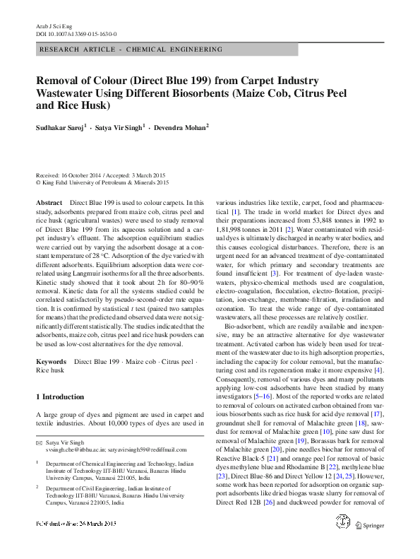 (PDF) Removal of Colour (Direct Blue 199) from Carpet Industry ...