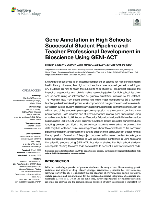 (PDF) Gene Annotation in High Schools: Successful Student Pipeline and ...
