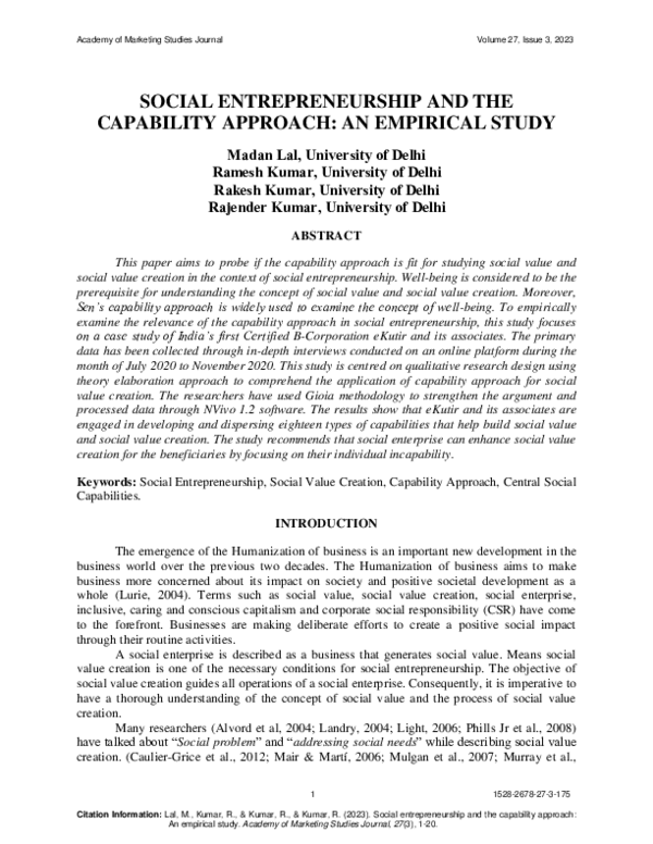 (PDF) SOCIAL ENTREPRENEURSHIP AND THE CAPABILITY APPROACH: AN EMPIRICAL ...