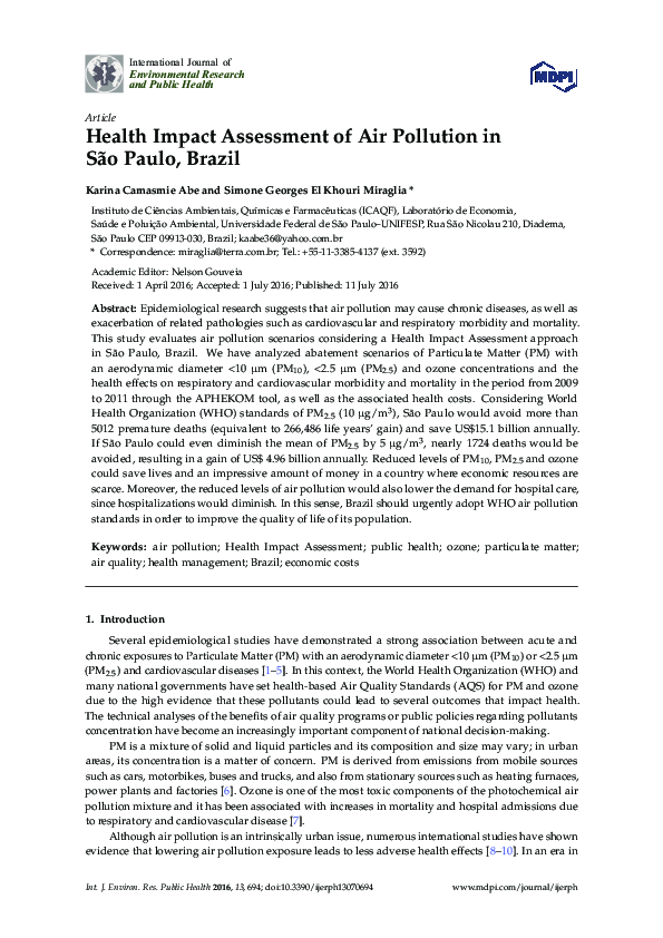 (PDF) Health Impact Assessment of Air Pollution in São Paulo, Brazil