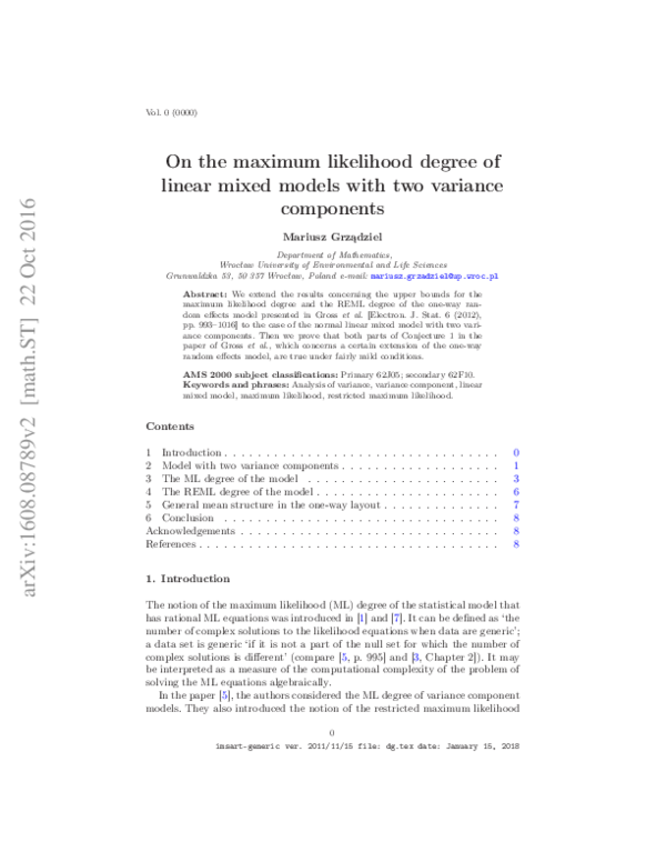 (PDF) On the maximum likelihood degree of linear mixed models with two ...