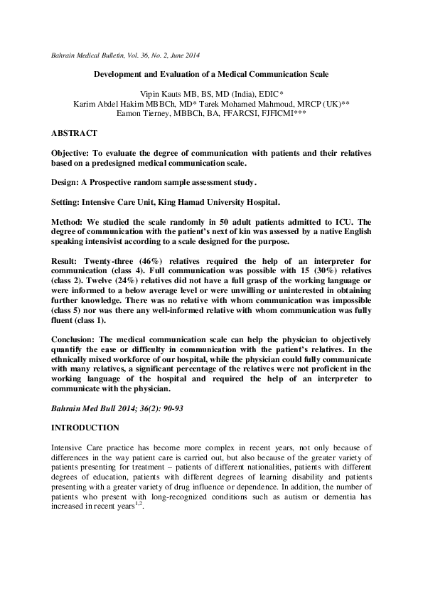 (PDF) Development and Evaluation of a Medical Communication Scale