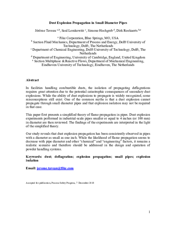 (PDF) Dust Explosion Propagation in Small Diameter Pipes