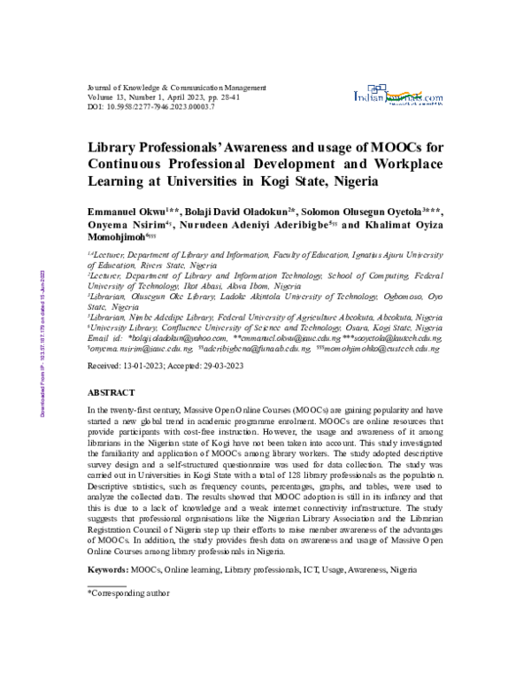 (PDF) Library Professionals' Awareness and usage of MOOCs for ...