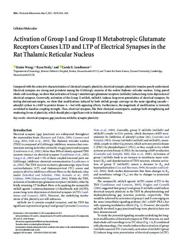 (PDF) Activation of Group I and Group II Metabotropic Glutamate ...