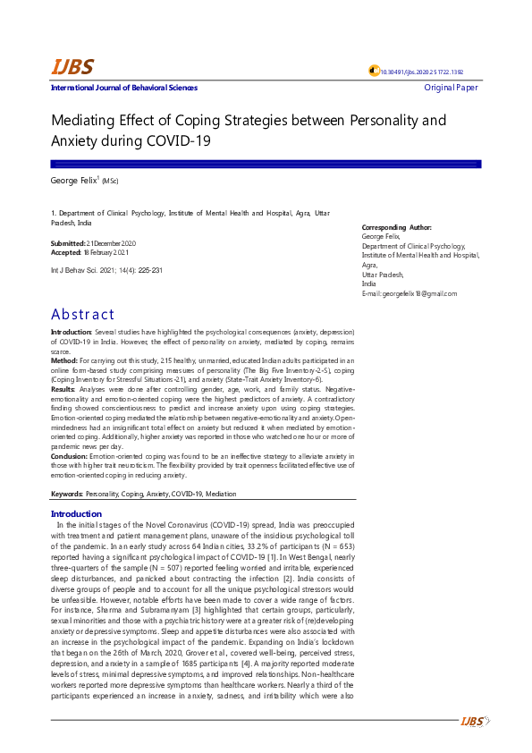 (PDF) Mediating Effect of Coping Strategies between Personality and ...