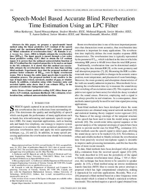 (PDF) Speech-Model Based Accurate Blind Reverberation Time Estimation ...