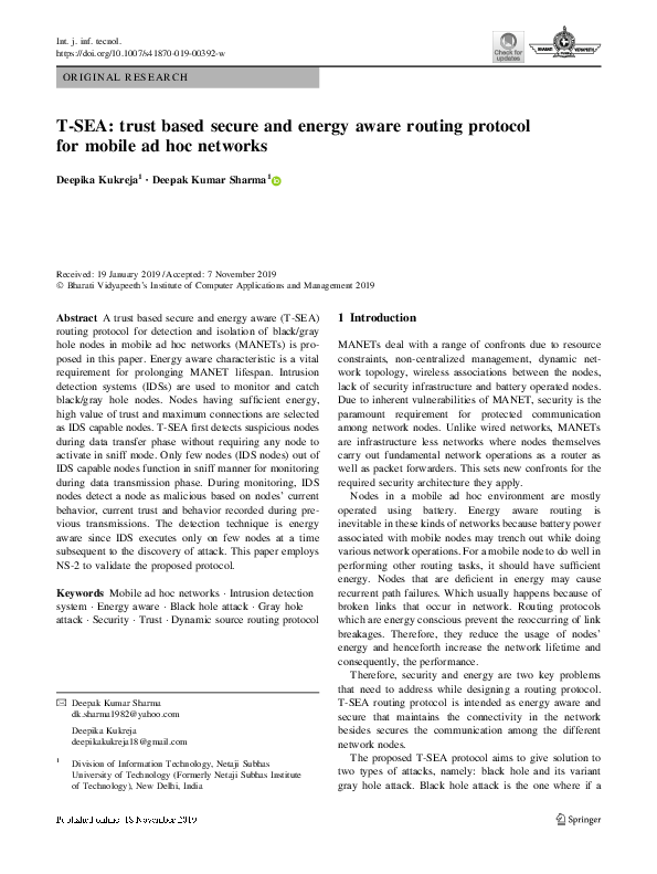 (PDF) T-SEA: trust based secure and energy aware routing protocol for ...