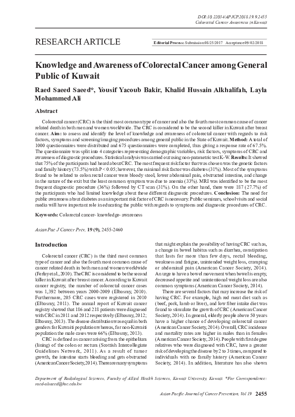 (PDF) Knowledge and Awareness of Colorectal Cancer among General Public ...
